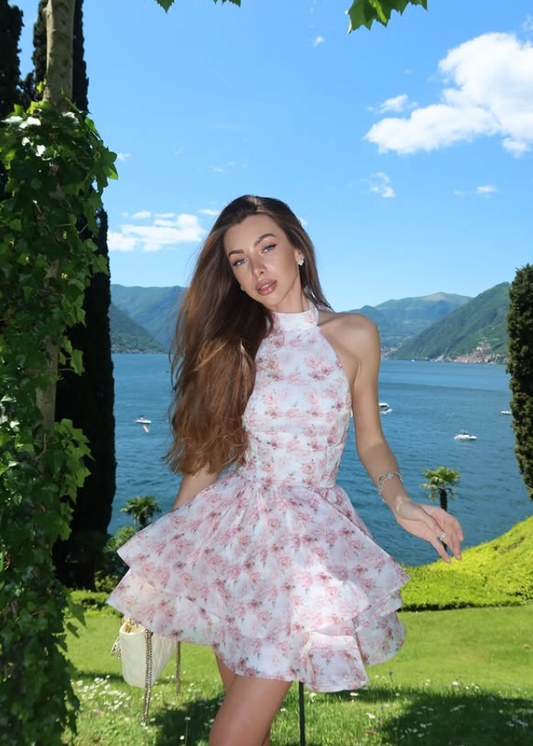 Dreamy Pink A Line Halter Print Layered Organza Short Homecoming Dress Outfits DP6000