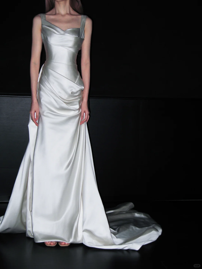 Classy White A Line Straps Satin Simple Pleated Long Wedding Dress DP4409