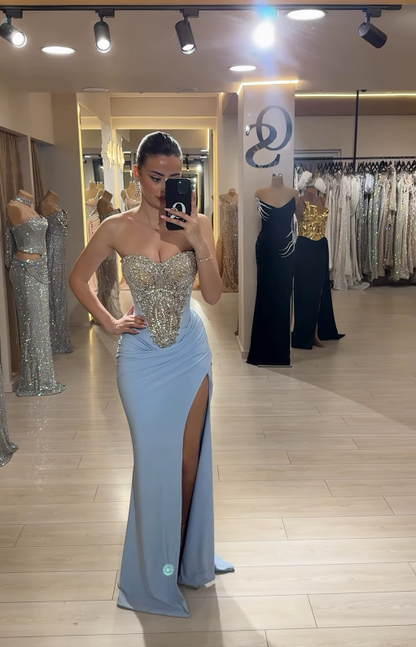 Shiny Sheath Sweetheart Neck Sequin Beaded Blue Satin Prom Dress DP4400