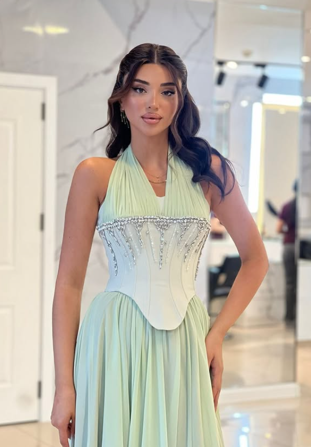 Sweety Green A Line Halter Corset Beaded Chiffon Long Prom Dress Evening Dress DP6056