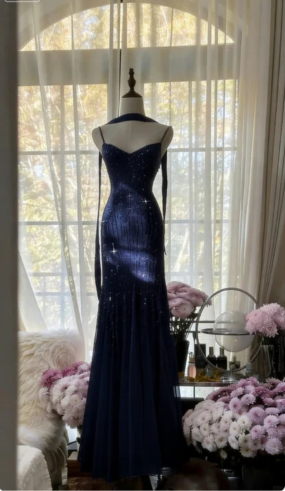 Lilac Mermaid Spaghetti Strap Beaded Chiffon Long Prom Dress Graduation Prom Dress DP5745