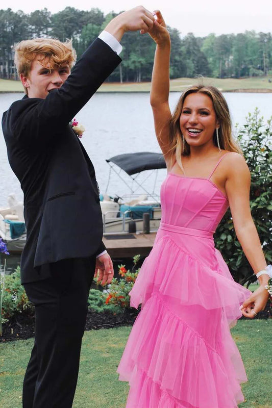 Hot Pink A Line Spaghetti Straps Tiered Tulle Long Prom Dress Evening Dress DP1166