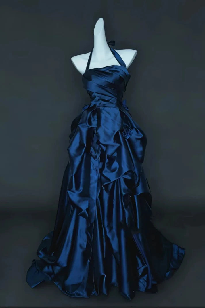 Vintage A Line Halter Navy Blue Pleated Satin Open Back Prom Dress DP4600