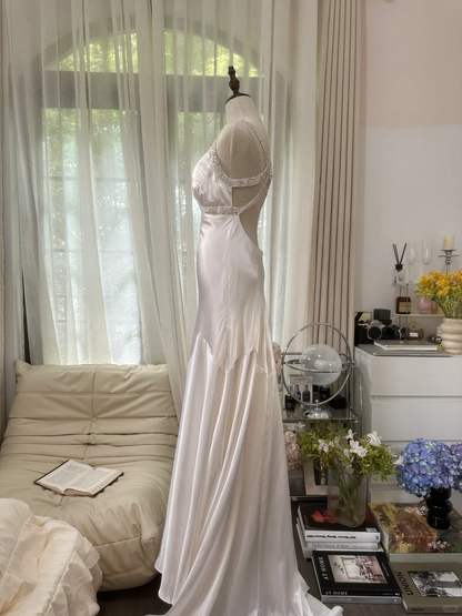Classy Mermaid V Neck Beaded White Satin Long Open Back Party Dress Evening Dress DP2474