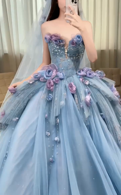 Blue Floral Ball Gown Sweetheart Neck Exquisite Beaded Tulle Long Prom Dress DP4604