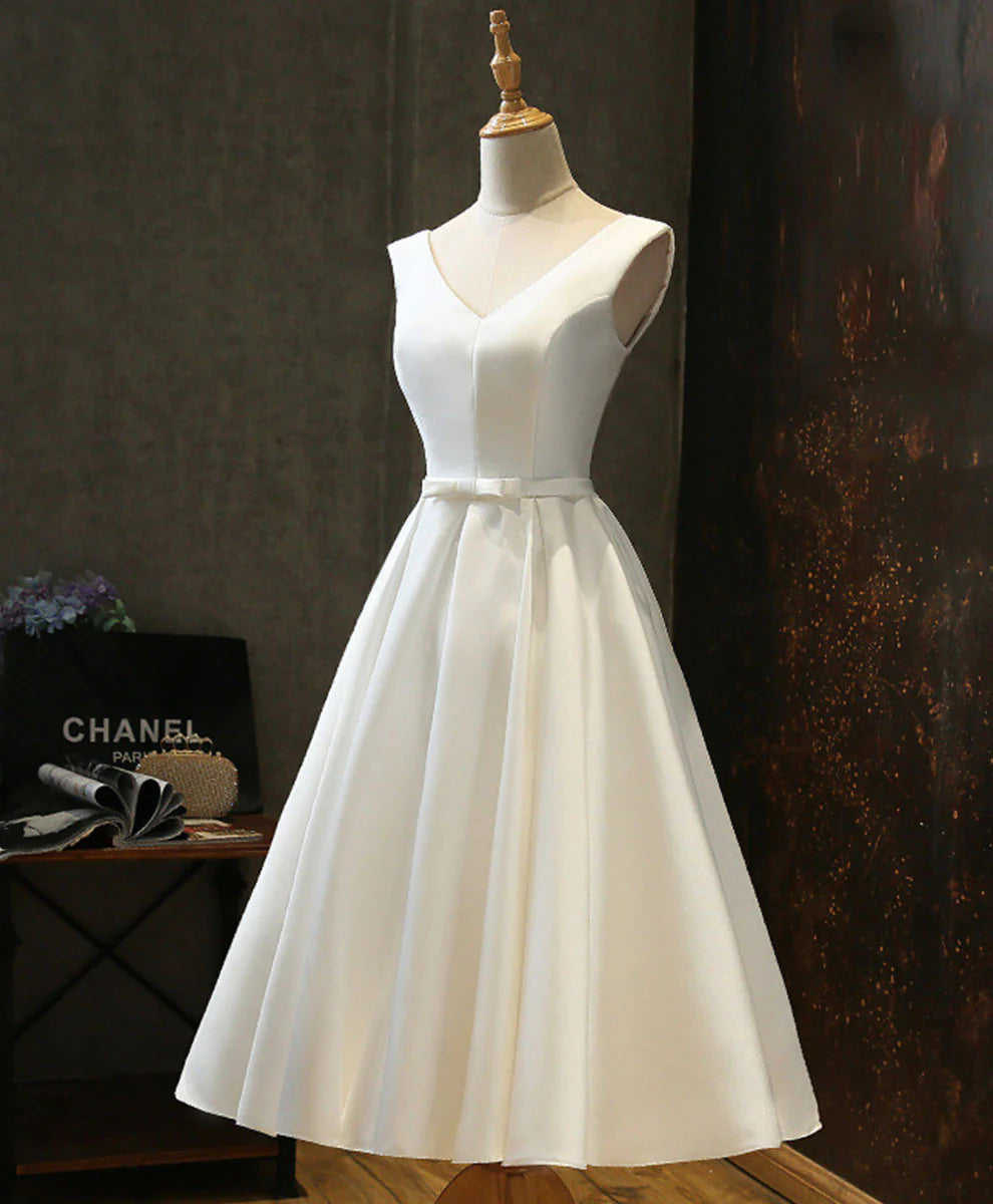 Simple A Line V Neck White Satin Short Homecoming Dress DP1056