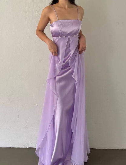 Retro Purple A Line Spaghetti Strap Flower Satin Chiffon Party Dress Evening Dress DP2869