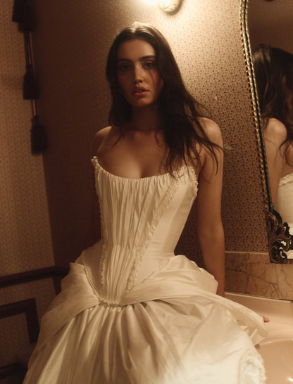Stunning Ball Gown Strapless Corset White Satin Long Train Wedding Dress DP5827