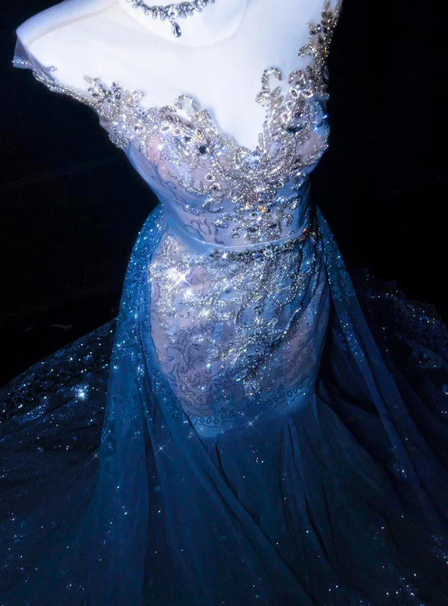 Dreamy Mermaid V Neck Blue Beaded Tulle Long Prom Dress Evening Dress DP2732