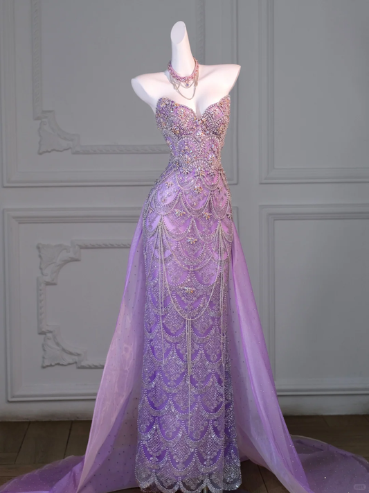 Gorgeous Sheath Strapless Beaded Tulle Long Prom Dress Evening Dress DP2727