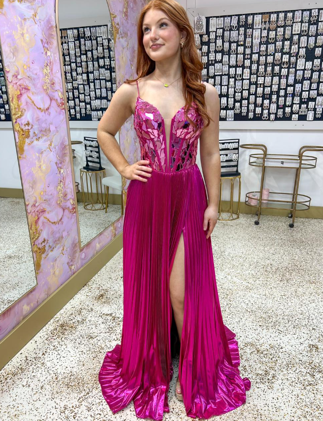 Hot Pink A Line Spaghetti Strap Beaded Satin Long Prom Dress Evening Dress with Slit DP6577