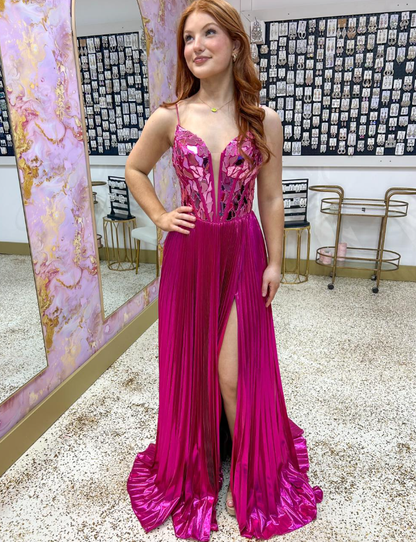 Hot Pink A Line Spaghetti Strap Beaded Satin Long Prom Dress Evening Dress with Slit DP6577