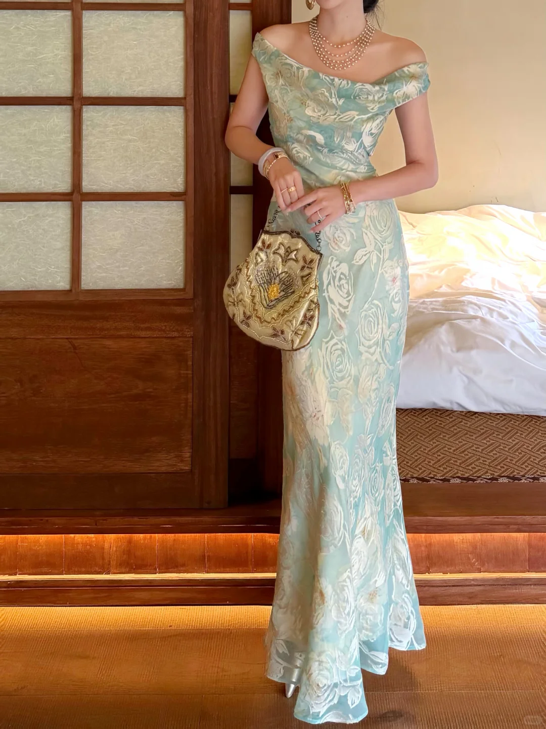 Light Green Mermaid Rose Print Chiffon Long Prom Dress Evening Dress DP5650