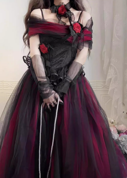 Burgundy Black Roses A Line Lace Tulle Lolita Goth Boning Dress Prom Dress DP4503