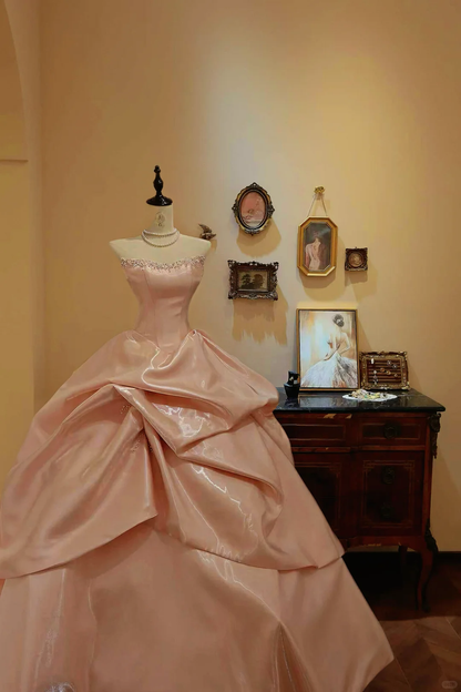 Unique Pink Ball Gown Strapless Shiny Beaded Pleated Satin Long Prom Dress Evening Dress DP7055