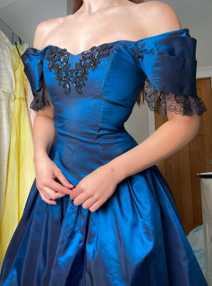 Vintage A Line Blue Satin Black Lace Prom Dress Evening Dress DP5637