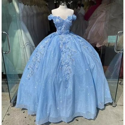 Blue Princess Off Shoulder Long Formal Prom Dress Flowers Appliques Quinceanera Dress Ball Gown DP699