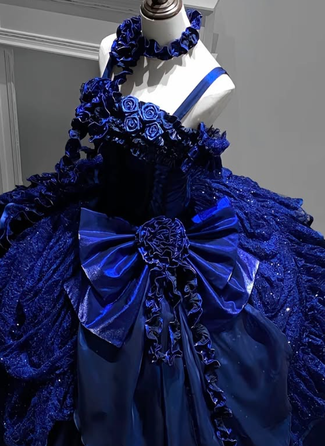 Dark Blue Ball Gown Spaghetti Strap Bow Lace Satin Prom Dress DP4160