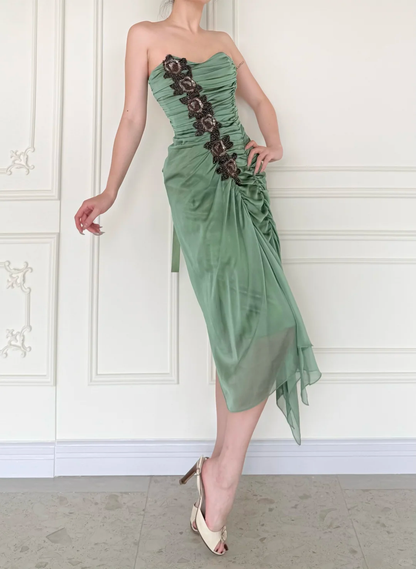 Vintage Sage Green Exquisite Beaded Pleated Satin Tea Length Prom Dress DP5164