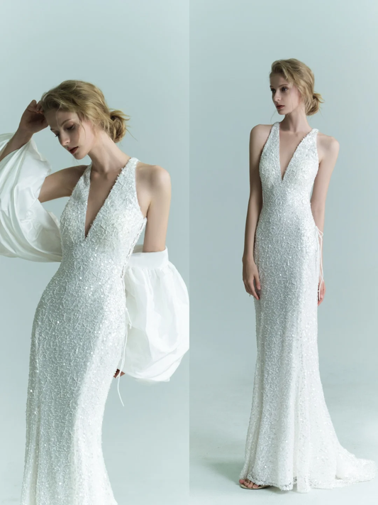 Exquisite Mermaid V Neck Beaded Tulle Long Sweep Party Dress Prom Dress Wedding Dress DP3731