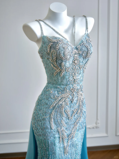 Blue Mermaid Spaghetti Strap Exquisite Beaded Satin Long Prom Dresses DP4185