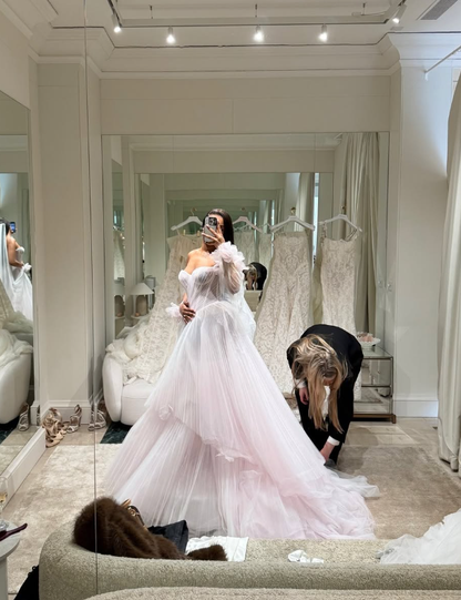 Stunning A Line Sweetheart Neck Light Pink Tulle Long Wedding Dress DP1783