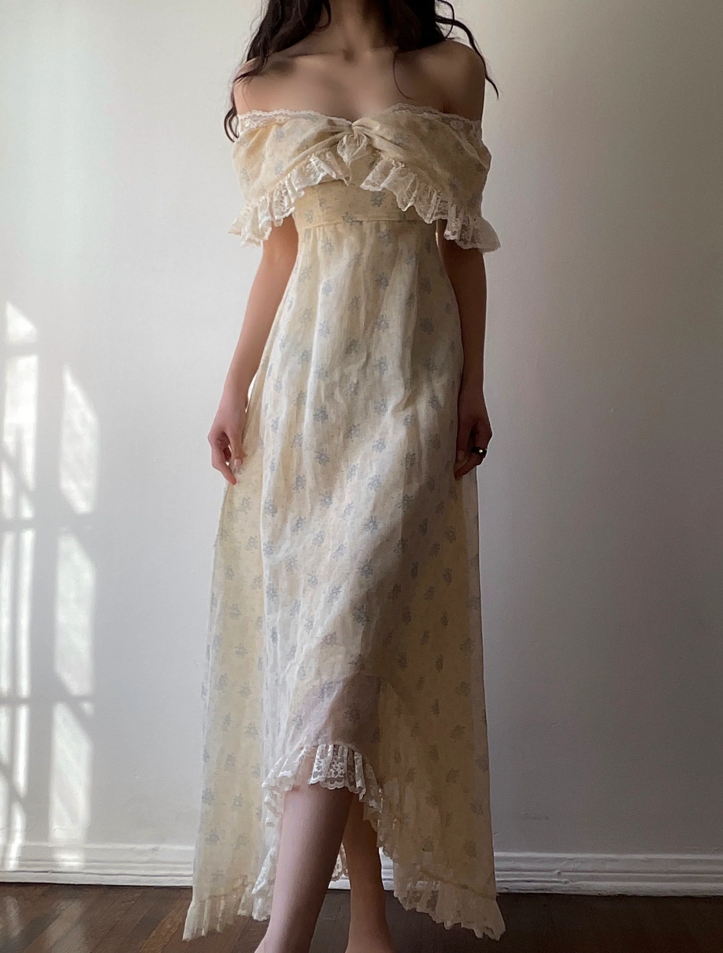 Yellow Print Floral A Line Off the Shoulder Lace Chiffon Prom Dresses Evening Dress Date Dress DP3421