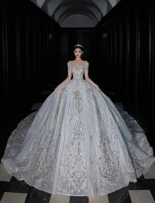 Dreamy Gray Ball Gown Lace Sequin Beaded Unique Long Sweep Wedding Dress DP5051