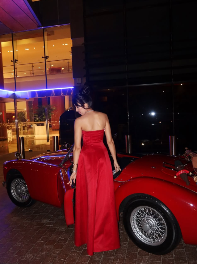 Stunning Red A Line Strapless Shiny Beaded Satin Prom Dress Wedding Guest Dress DP4917