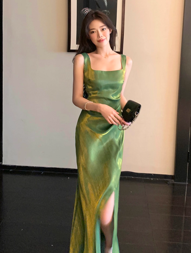 Stunning Green Mermaid Straps Pleated Satin Prom Dress Formal Dress Evening Dress DP3453