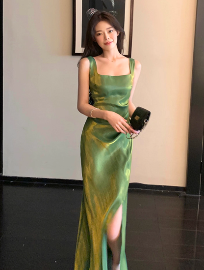 Stunning Green Mermaid Straps Pleated Satin Prom Dress Formal Dress Evening Dress DP3453