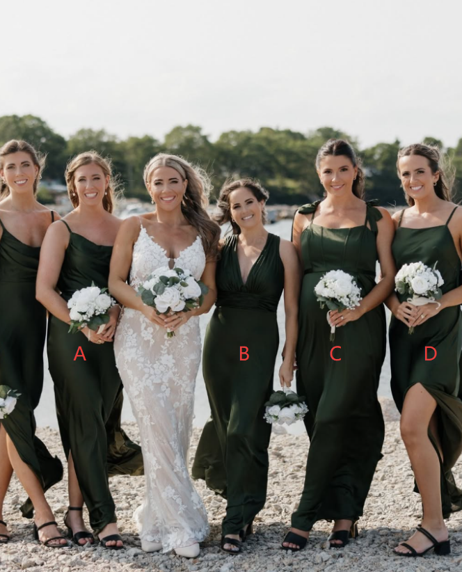 Hunter Green A Line Straps Satin Long Prom Dress Bridesmaid Dress with Slit DP4983