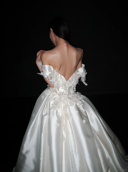 Elegant Ball Gown Off the Shoulder White Appliques Satin Long Train Wedding Dress DP8089