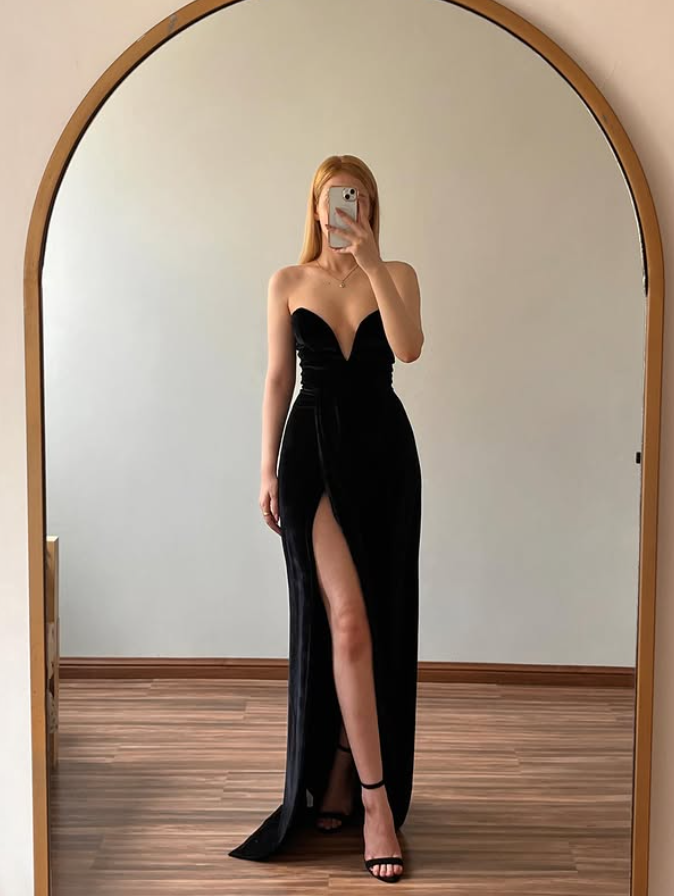 Classic Black Sheath Sweetheart Neck Velvet Slit Long Prom Dress Evening Dress DP6486