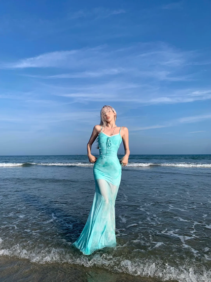 Blue Mermaid Spaghetti Straps Chiffon Long Vacation Dress Outfits DP3847