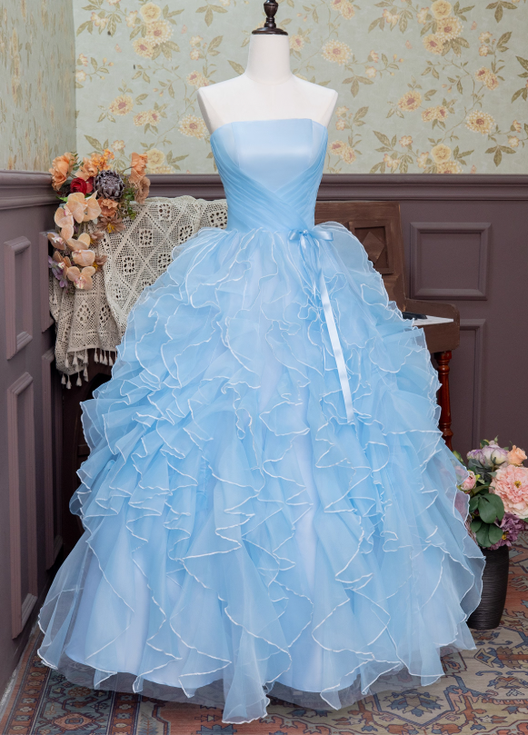 Blue Ball Gown Strapless Ruffle Layered Organza Prom Dress 16th Birthday Dress DP3564