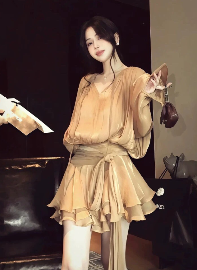Brown A Line Long Sleeve Layered Chiffon Short Outfits Vacation Dress DP4885