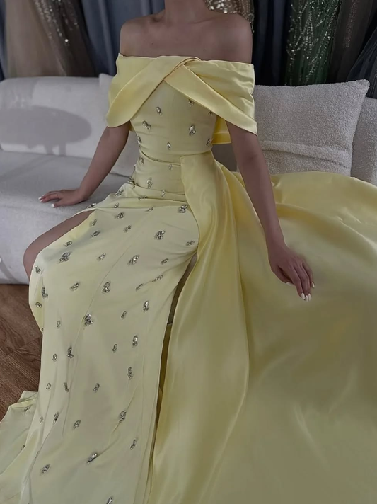 Yellow Sheath Off the Shoulder Rhinestone Satin Long Prom Dress Evening Dress DP1436
