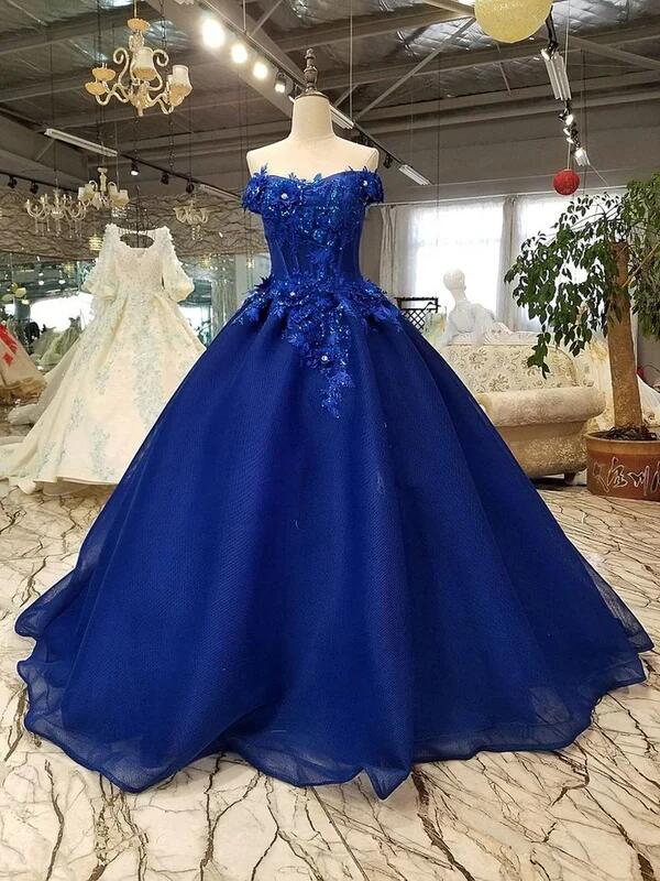 Royal Blue Off-The-Shoulder Evening Dress Appliques Formal Prom Dress Quinceanera Dress Ball Gown DP157