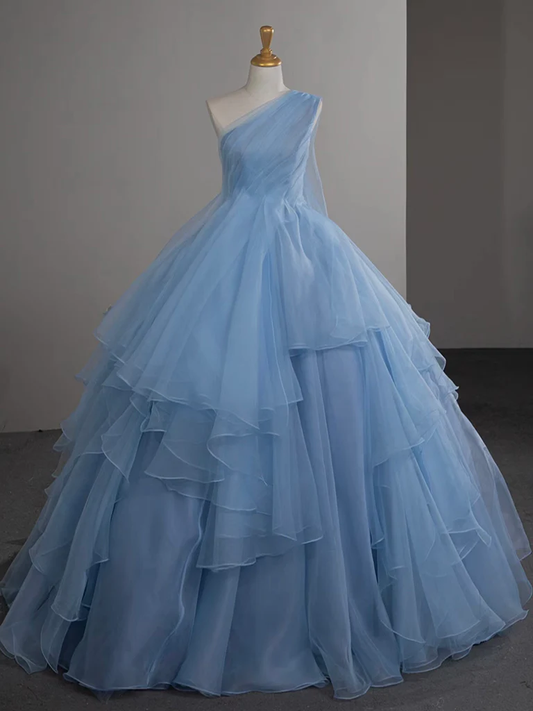 Blue One Shoulder Tulle Long Prom Dress Evening Dress DP633