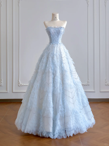 Baby Blue Ball Gown Strapless Beaded Layered Tulle Long Prom Dresses DP4190