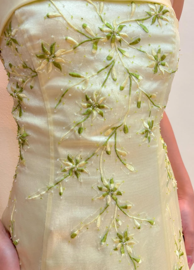 Elegant A Line Strapless Embroidery Light Yellow Satin Prom Dress Evening Dress DP1641