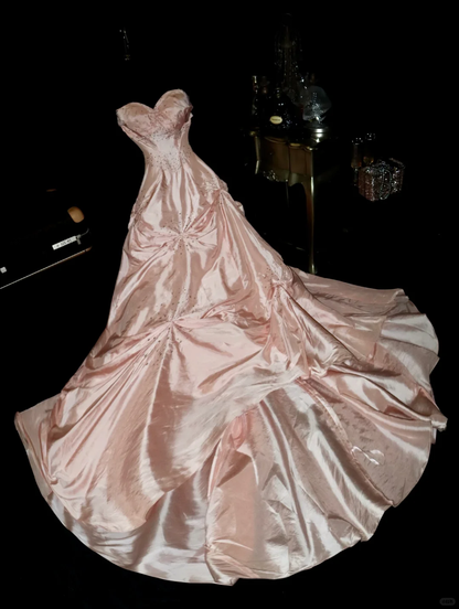 Glorious Light Pink A Line Sweetheart Neck Beaded Satin Prom Dress Party Evening Dress DP5334