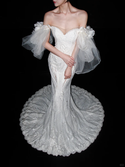 Luxurious Mermaid Off the Shoulder White Beaded Lace Tulle Long Wedding Dress DP5794
