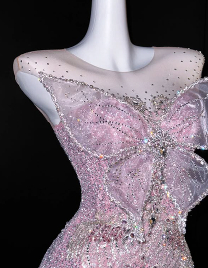 Stunning Pink Mermaid Butterfly Beaded Sequin Long Prom Dress Evening Dress DP4683