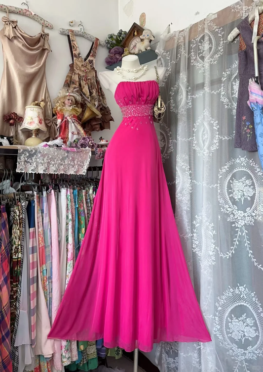 Vintage Pink A Line Strapless Beaded Chiffon Prom Dress Evening Dress DP5237