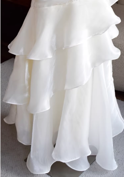 White Mermaid V Neck Layered Satin Long Prom Dress Outfits DP4702