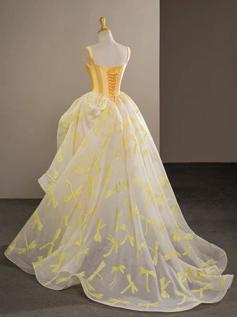 Unique Yellow Sweetheart Neck Tulle Satin A Line Evening Dress Ball Gown DP634