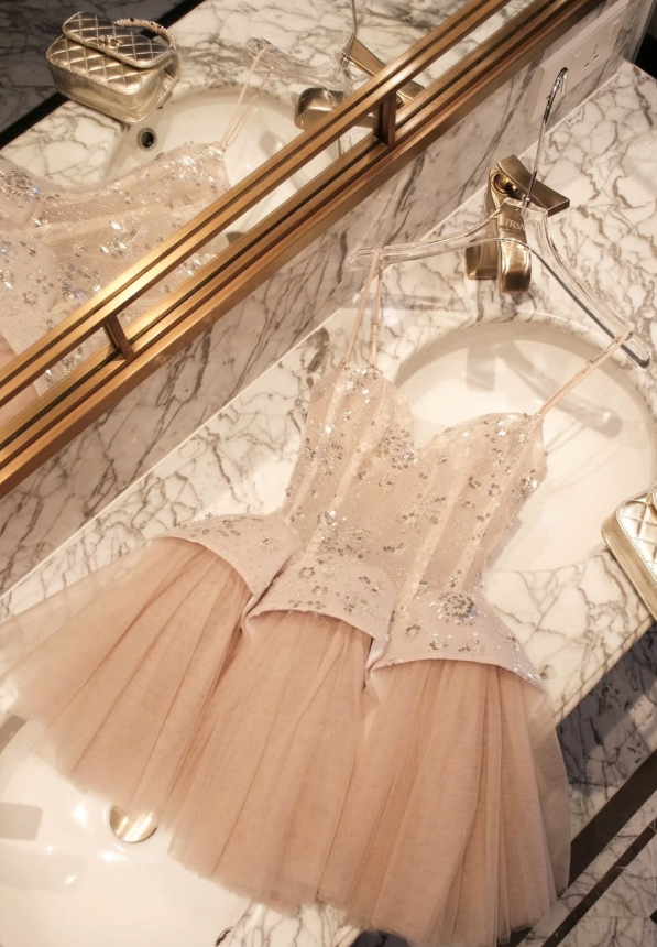 Apricot A Line Spaghetti Strap Beaded Tulle Short Prom Dress Homecoming Dress DP7931