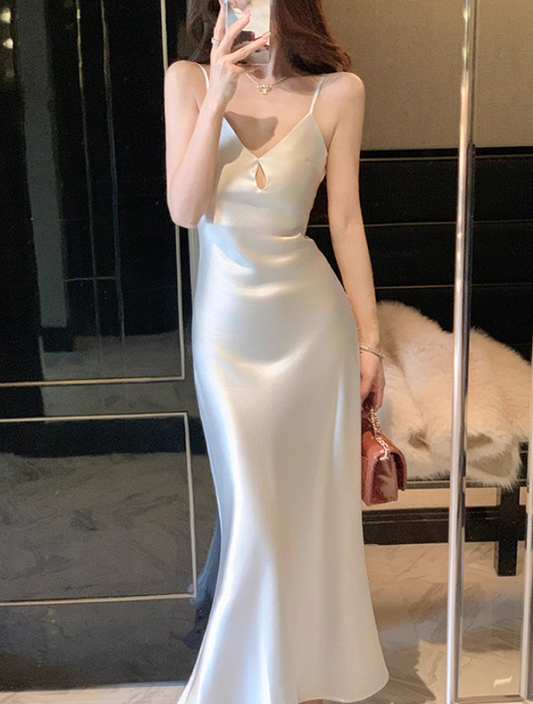 Simple Mermaid Spaghetti Strap Satin Prom Dress Evening Dress DP4484